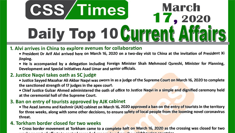 Day by Day Current Affairs (March 17, 2020) MCQs for CSS, PMS