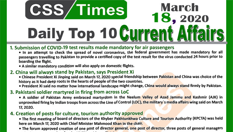 Day by Day Current Affairs (March 18, 2020) MCQs for CSS, PMS