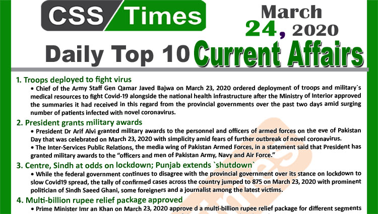 Day by Day Current Affairs (March 24, 2020) MCQs for CSS, PMS