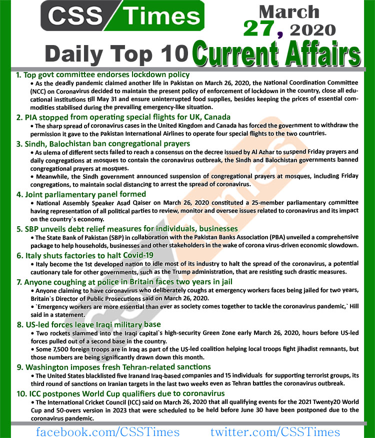 Day by Day Current Affairs (March 27, 2020) MCQs for CSS, PMS