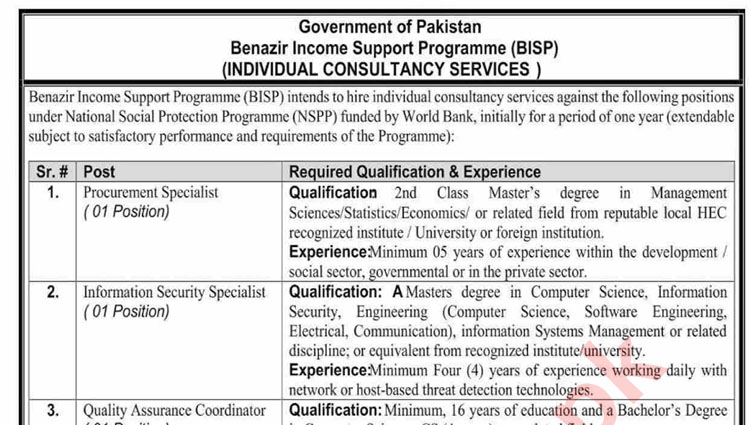 Jobs in Benazir Income Support Programme (BISP) for National Social Protection Programme