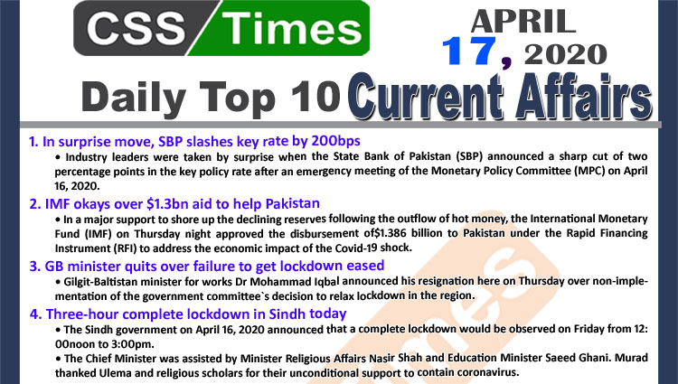 Daily Top-10 Current Affairs MCQs/News (April 17, 2020) for CSS, PMS