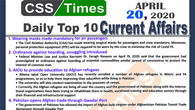 Daily Top-10 Current Affairs MCQs/News (April 20, 2020) for CSS, PMS