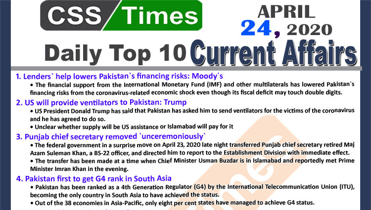 Daily Top-10 Current Affairs MCQs/News (April 24, 2020) for CSS, PMS