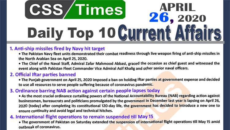 Daily Top-10 Current Affairs MCQs/News (April 26, 2020) for CSS, PMS