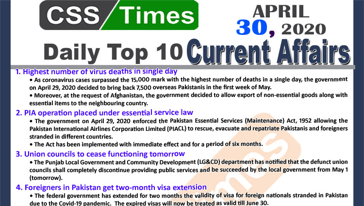 Daily Top-10 Current Affairs MCQs/News (April 30, 2020) for CSS, PMS