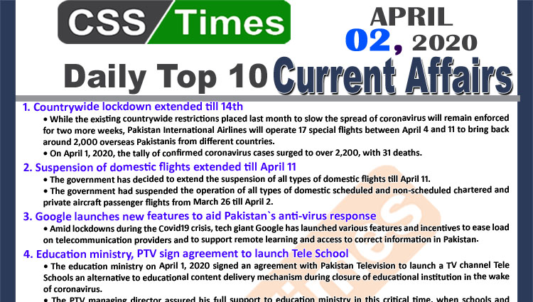 Day by Day Current Affairs (April 02, 2020) MCQs for CSS, PMS
