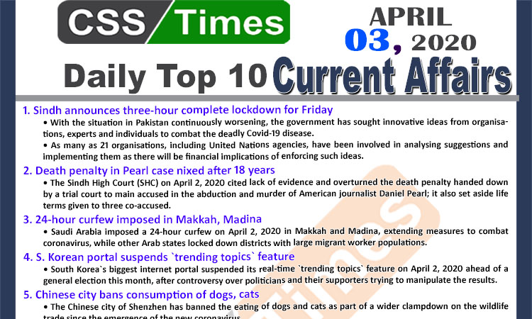 Day by Day Current Affairs (April 03, 2020) MCQs for CSS, PMS