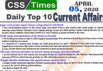 Day by Day Current Affairs (April 05, 2020) MCQs for CSS, PMS