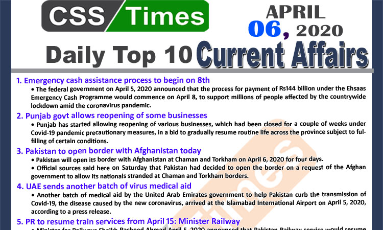 Day by Day Current Affairs (April 06, 2020) MCQs for CSS, PMS
