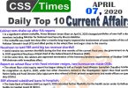 Day by Day Current Affairs (April 07, 2020) MCQs for CSS, PMS