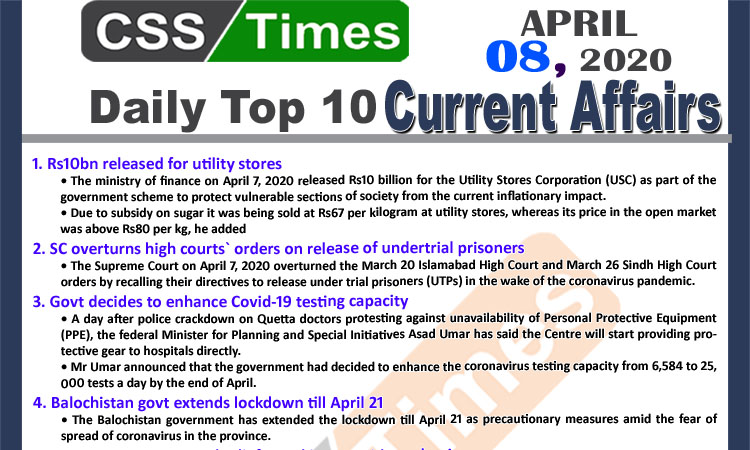 Day by Day Current Affairs (April 08, 2020) MCQs for CSS