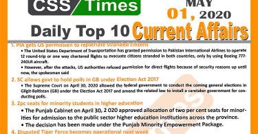Daily Top-10 Current Affairs MCQs/News (May 01, 2020) for CSS, PMS
