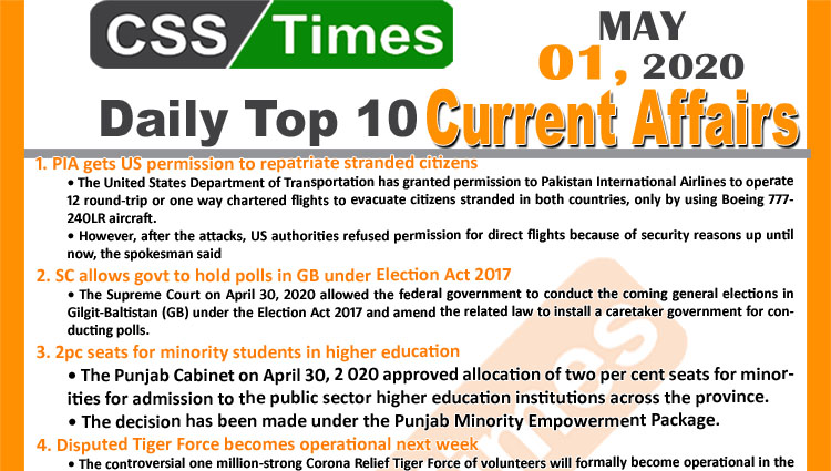 Daily Top-10 Current Affairs MCQs/News (May 01, 2020) for CSS, PMS