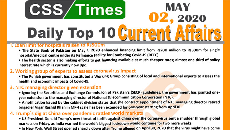 Daily Top-10 Current Affairs MCQs/News (May 02, 2020) for CSS, PMS