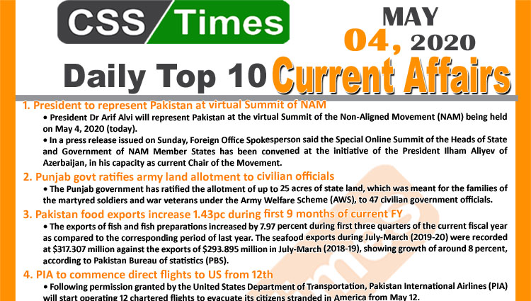 Daily Top-10 Current Affairs MCQs/News (May 04, 2020) for CSS, PMS