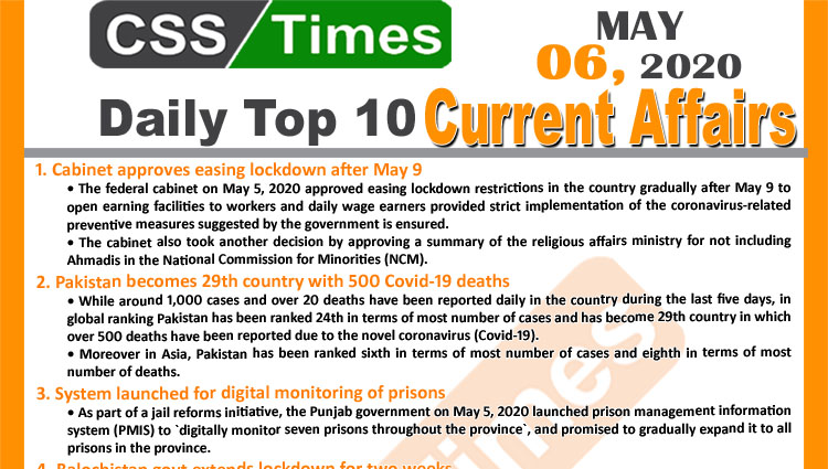 Daily Top-10 Current Affairs MCQs/News (May 06, 2020) for CSS, PMS