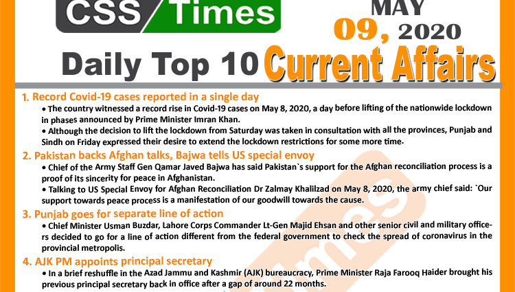 Daily Top-10 Current Affairs MCQs/News (May 09, 2020) for CSS, PMS