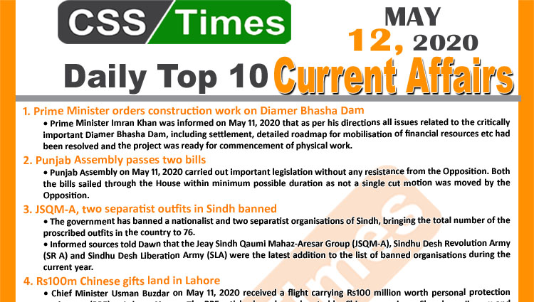 Daily Top-10 Current Affairs MCQs/News (May 12, 2020) for CSS, PMS