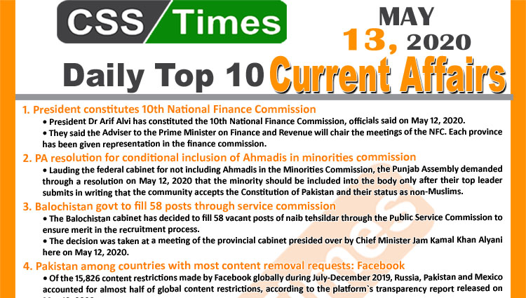 Daily Top-10 Current Affairs MCQs News (May 13, 2020) for CSS, PMS1