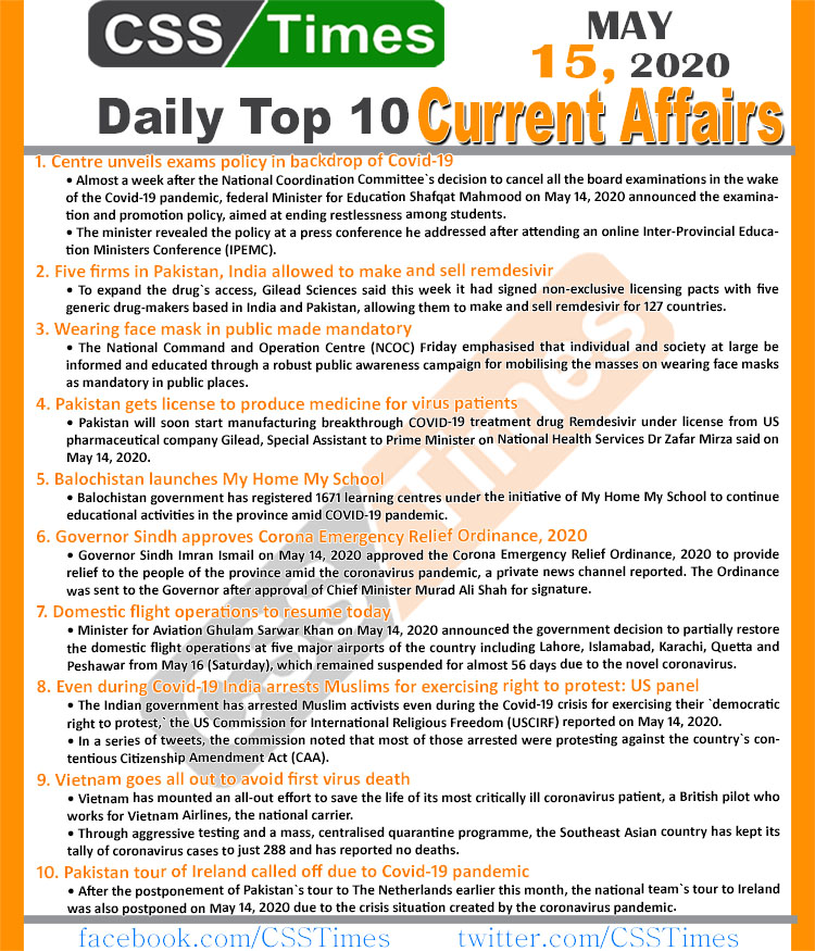 Daily Top-10 Current Affairs MCQs News (May 15, 2020) for CSS, PMS