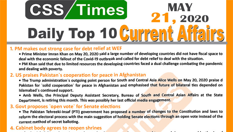Daily Top-10 Current Affairs MCQs/News (May 21, 2020) for CSS, PMS