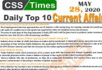 Daily Top-10 Current Affairs MCQs/News (May 28, 2020) for CSS, PMS