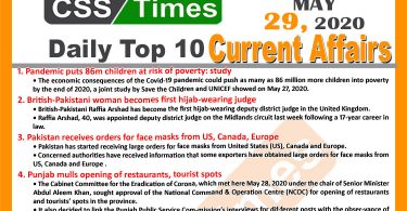 Daily Top-10 Current Affairs MCQs/News (May 29, 2020) for CSS, PMS