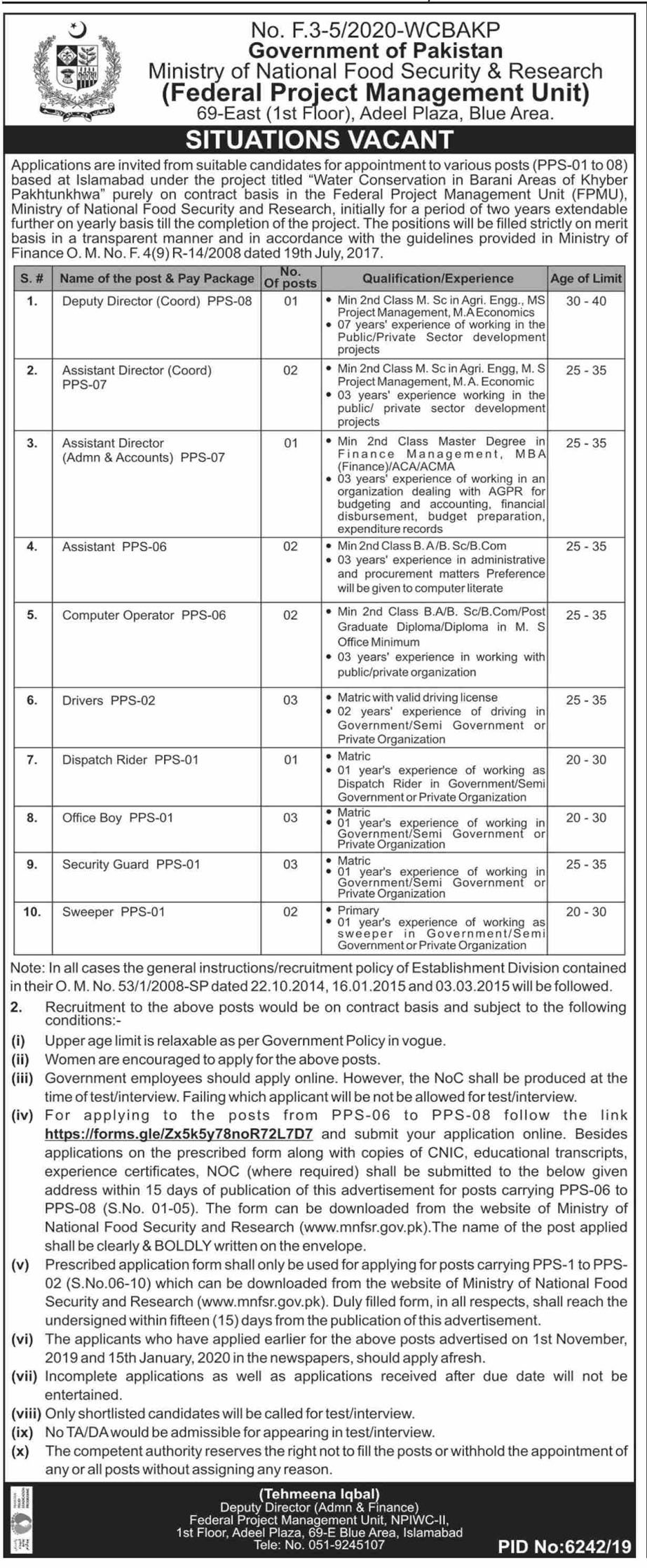 Situations Vacant in Ministry of National Food Security & Research