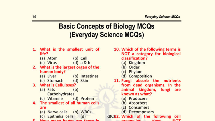 Basic Concepts of Biology MCQs (Everyday Science MCQs)
