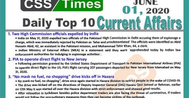 Daily Top-10 Current Affairs MCQs/News (June 01, 2020) for CSS, PMS
