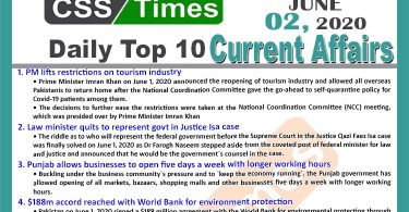 Daily Top-10 Current Affairs MCQs/News (June 02, 2020) for CSS, PMS