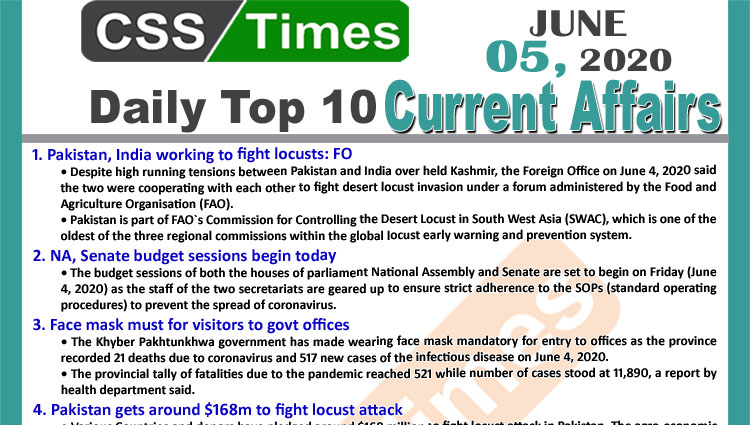 Daily Top-10 Current Affairs MCQs/News (June 05, 2020) for CSS, PMS