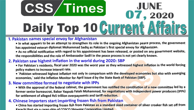 Daily Top-10 Current Affairs MCQs/News (June 07, 2020) for CSS, PMS