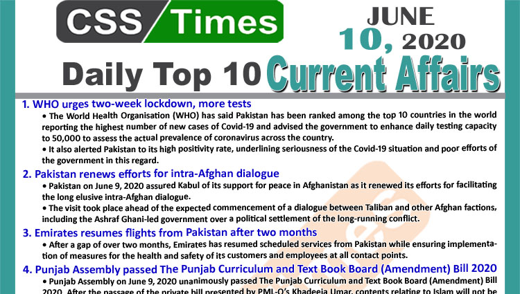 Daily Top-10 Current Affairs MCQs / News (June 10, 2020) for CSS, PMS
