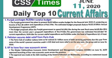 Daily Top-10 Current Affairs MCQs / News (June 11, 2020) for CSS, PMS