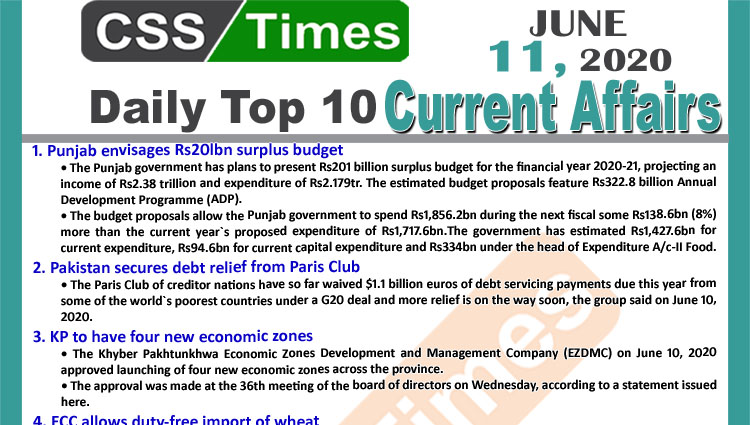 Daily Top-10 Current Affairs MCQs / News (June 11, 2020) for CSS, PMS