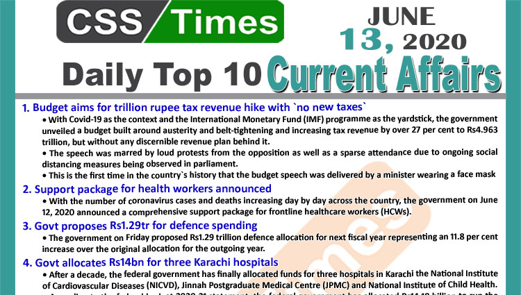 Daily Top-10 Current Affairs MCQs / News (June 13, 2020) for CSS, PMS