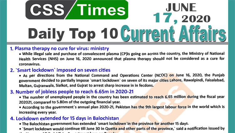 Daily Top-10 Current Affairs MCQs / News (June 17, 2020) for CSS, PMS
