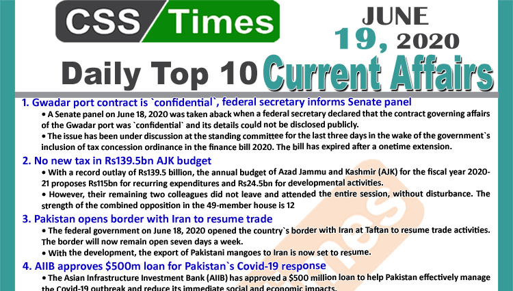 Daily Top-10 Current Affairs MCQs News (June 19, 2020) for CSS
