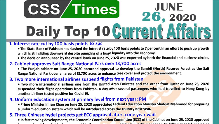 Daily Top-10 Current Affairs MCQs / News (June 26, 2020) for CSS, PMS