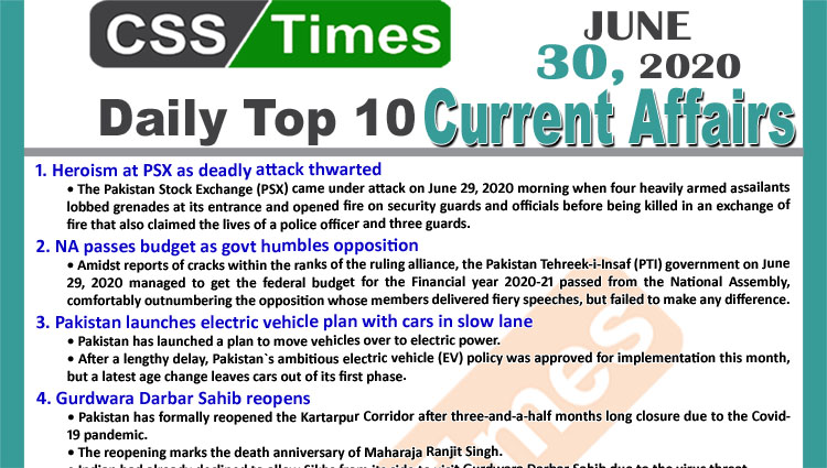 Daily Top-10 Current Affairs MCQs / News (June 30, 2020) for CSS, PMS