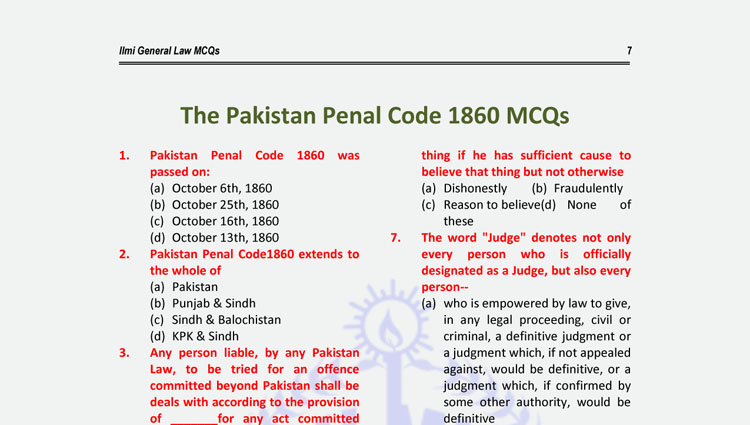 General Law MCQs (The Pakistan Penal Code 1860 MCQs with Answer Keys)