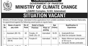 Situation Vacant in Ministry of Climate Change Government of Pakistan