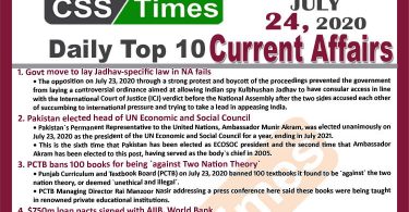 Daily Top-10 Current Affairs MCQs / News (July 24, 2020) for CSS, PMS