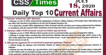 Daily Top-10 Current Affairs MCQs / News (July 18, 2020) for CSS, PMS