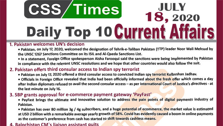 Daily Top-10 Current Affairs MCQs / News (July 18, 2020) for CSS, PMS