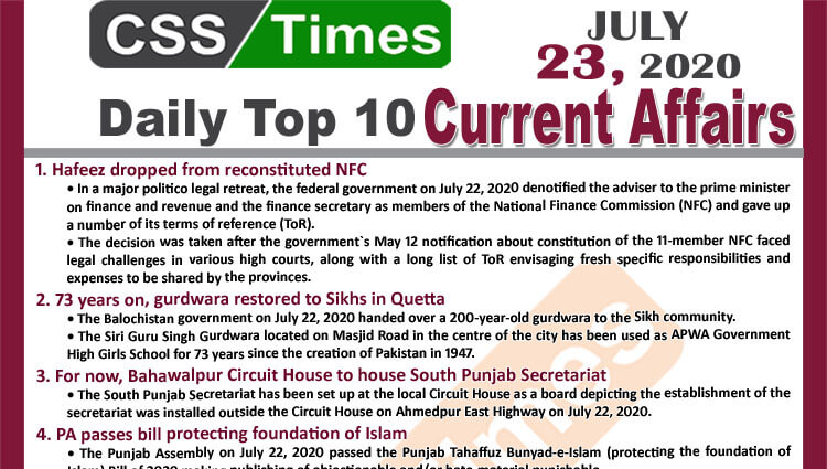 Daily Top-10 Current Affairs MCQs / News (July 23, 2020) for CSS, PMS