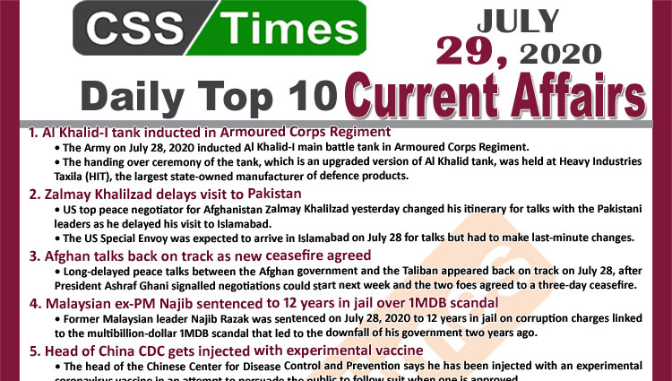 Daily Top-10 Current Affairs MCQs / News (July 29, 2020) for CSS, PMS