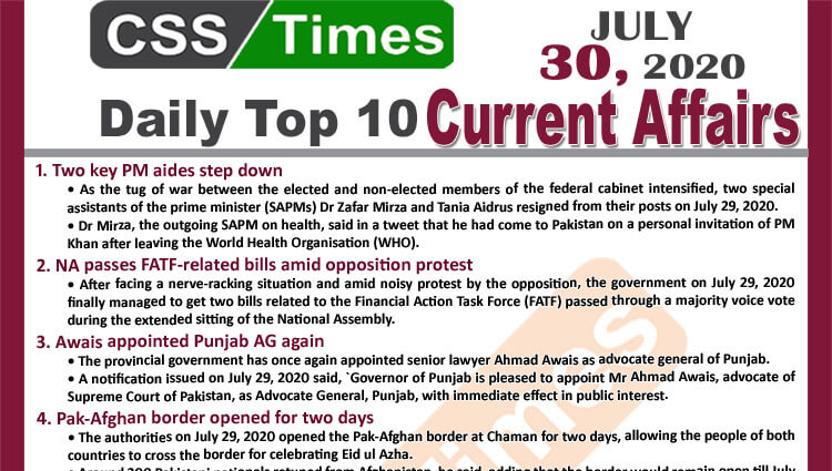 Daily Top-10 Current Affairs MCQs / News (July 30, 2020) for CSS, PMS